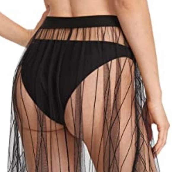 NWT Sheer Black Mesh High Waisted Beach Coverup Lingerie Maxi Floor Length Skirt - Picture 2 of 9